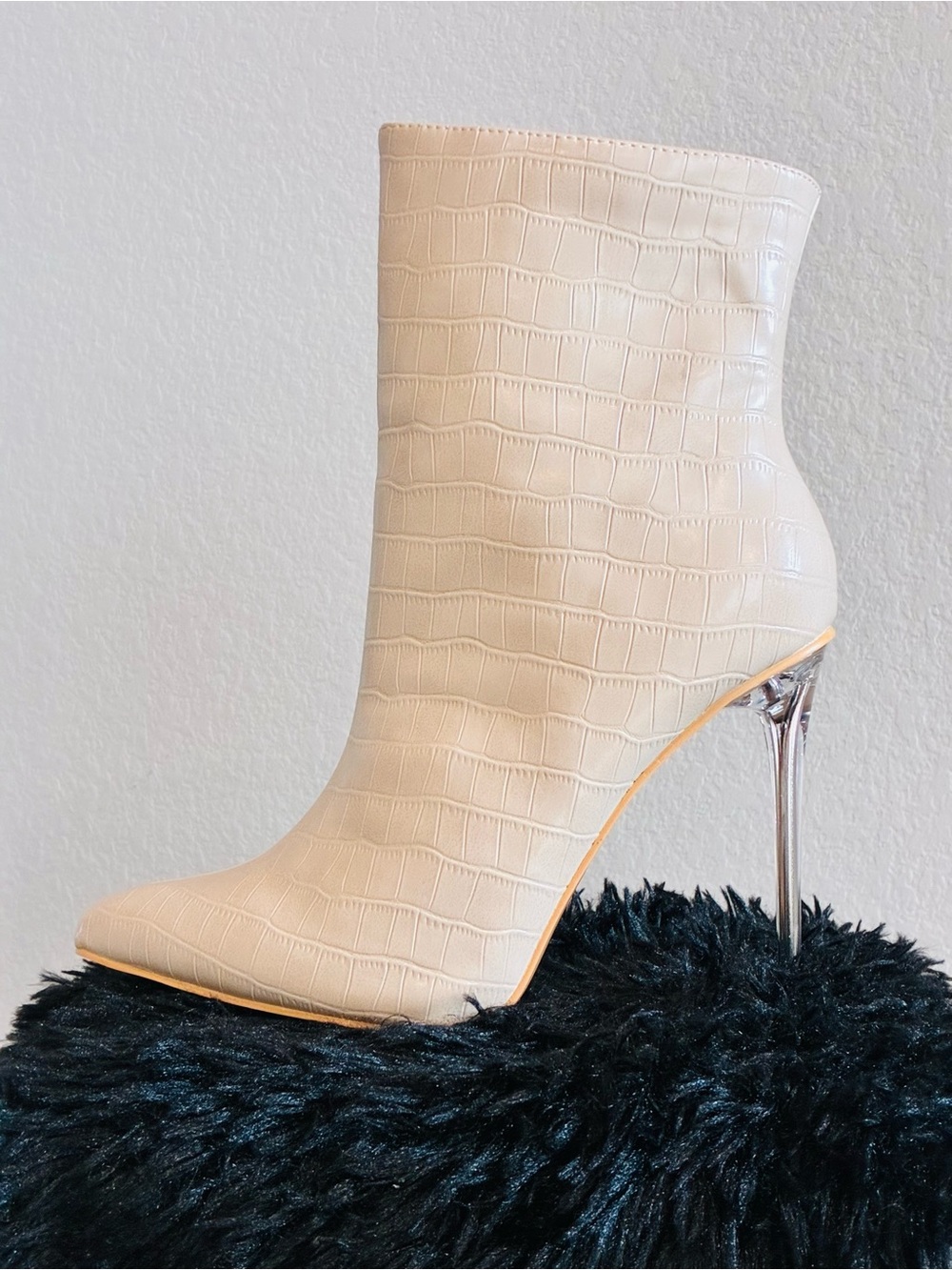 PrettyLittleThing Cream Croc-Embossed Ankle Boot with Silver Stiletto Heel